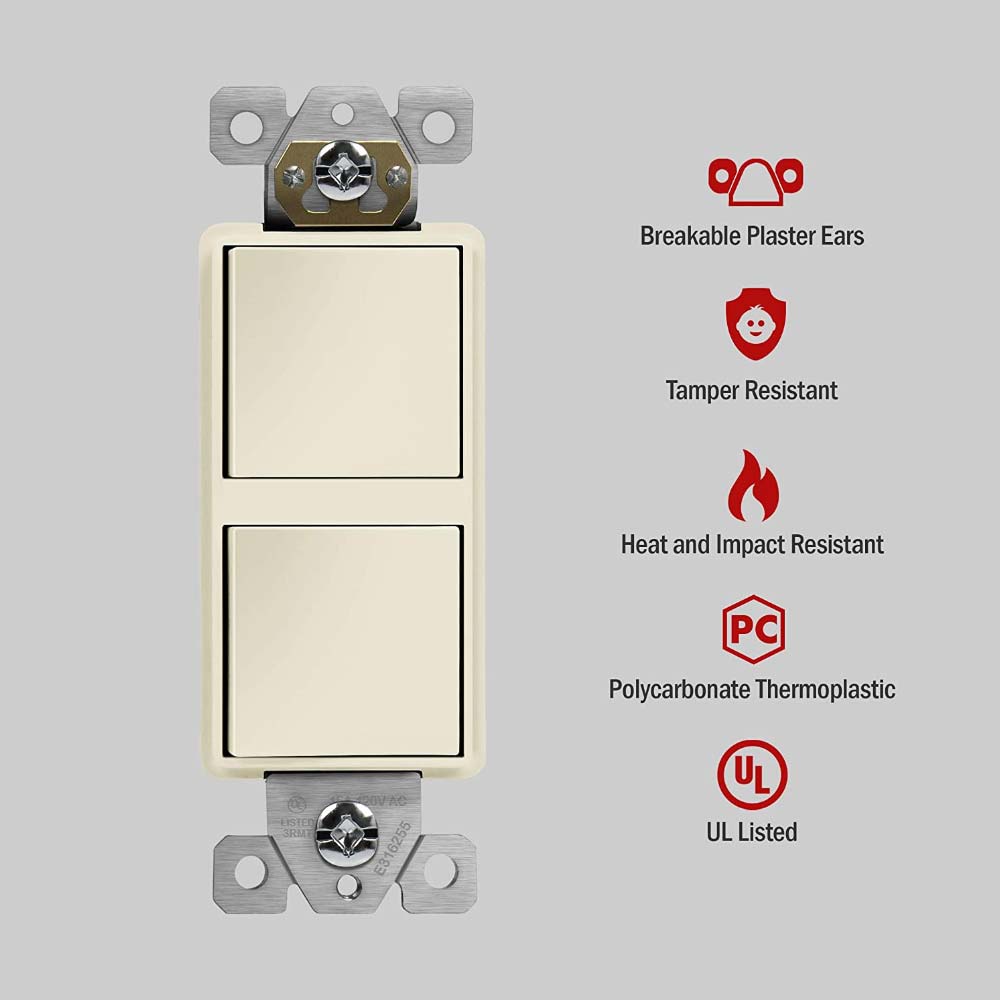 Single Pole Double Rocker Light Switch, Light Almond