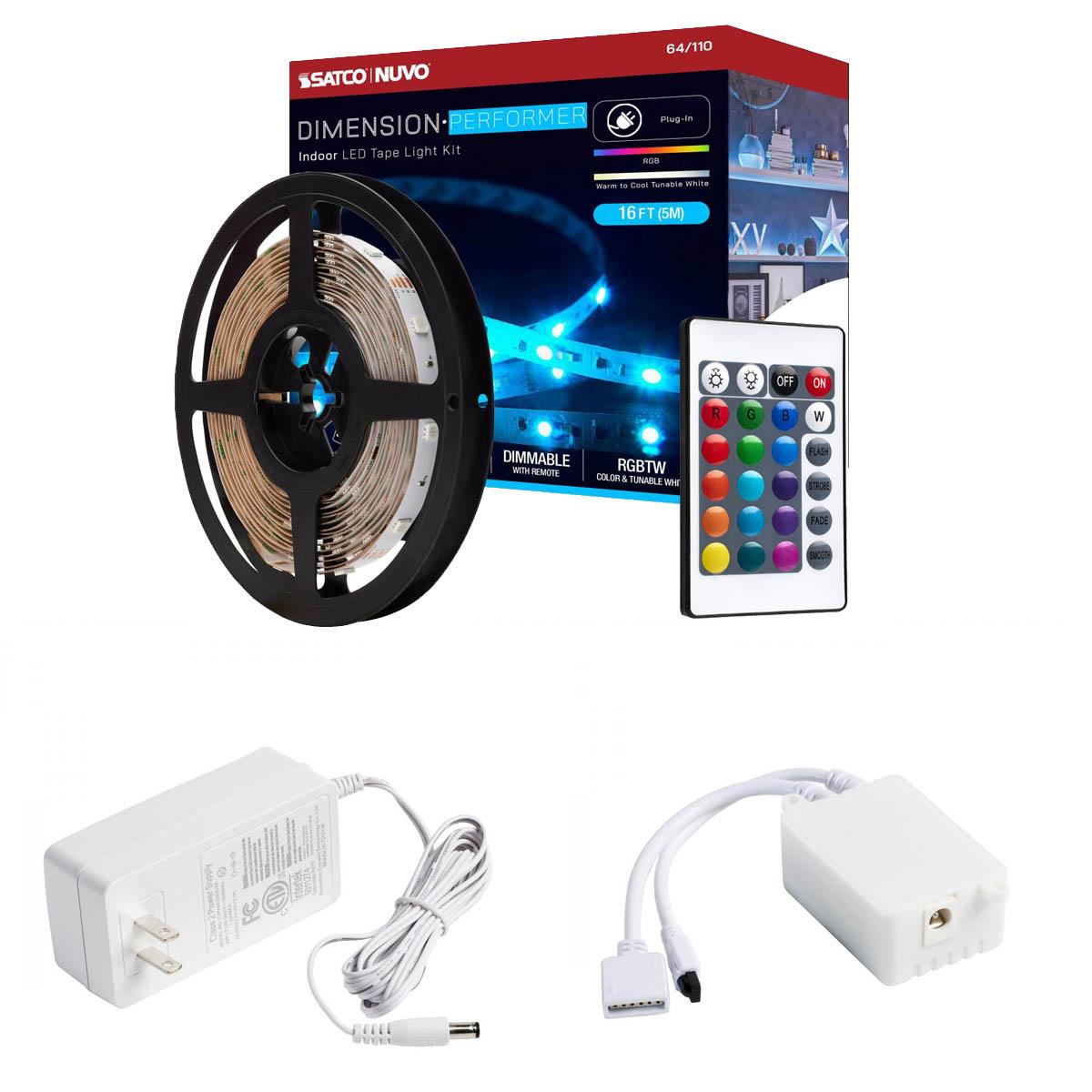 Dimension Performer LED Tape Light Kit with Remote, 16ft Reel, Color Changing RGB and Tunable White, 24V, Plug Connection - Bees Lighting