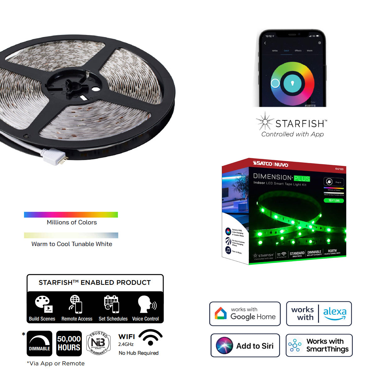 Dimension Plus LED Smart Tape Light Kit, 16ft Reel, Color Changing RGB and Tunable White, 24V, Plug Connection - Bees Lighting