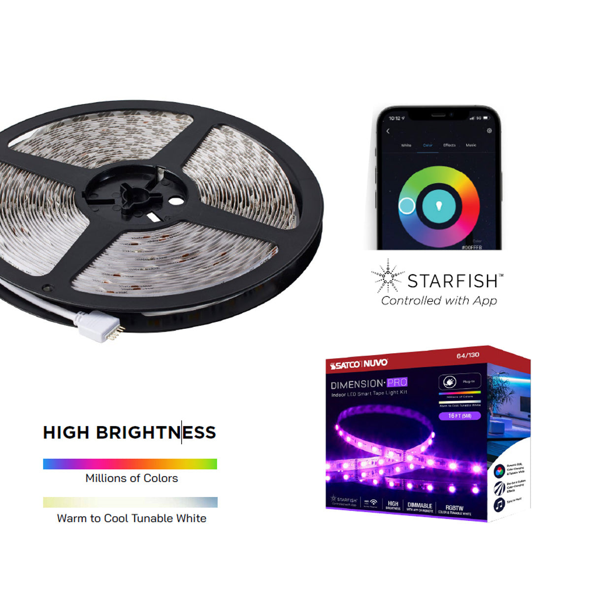 Dimension Pro LED Smart Tape Light Kit, 64Ft Reel, RGB + Tunable White, 24V, Plug Connection - Bees Lighting