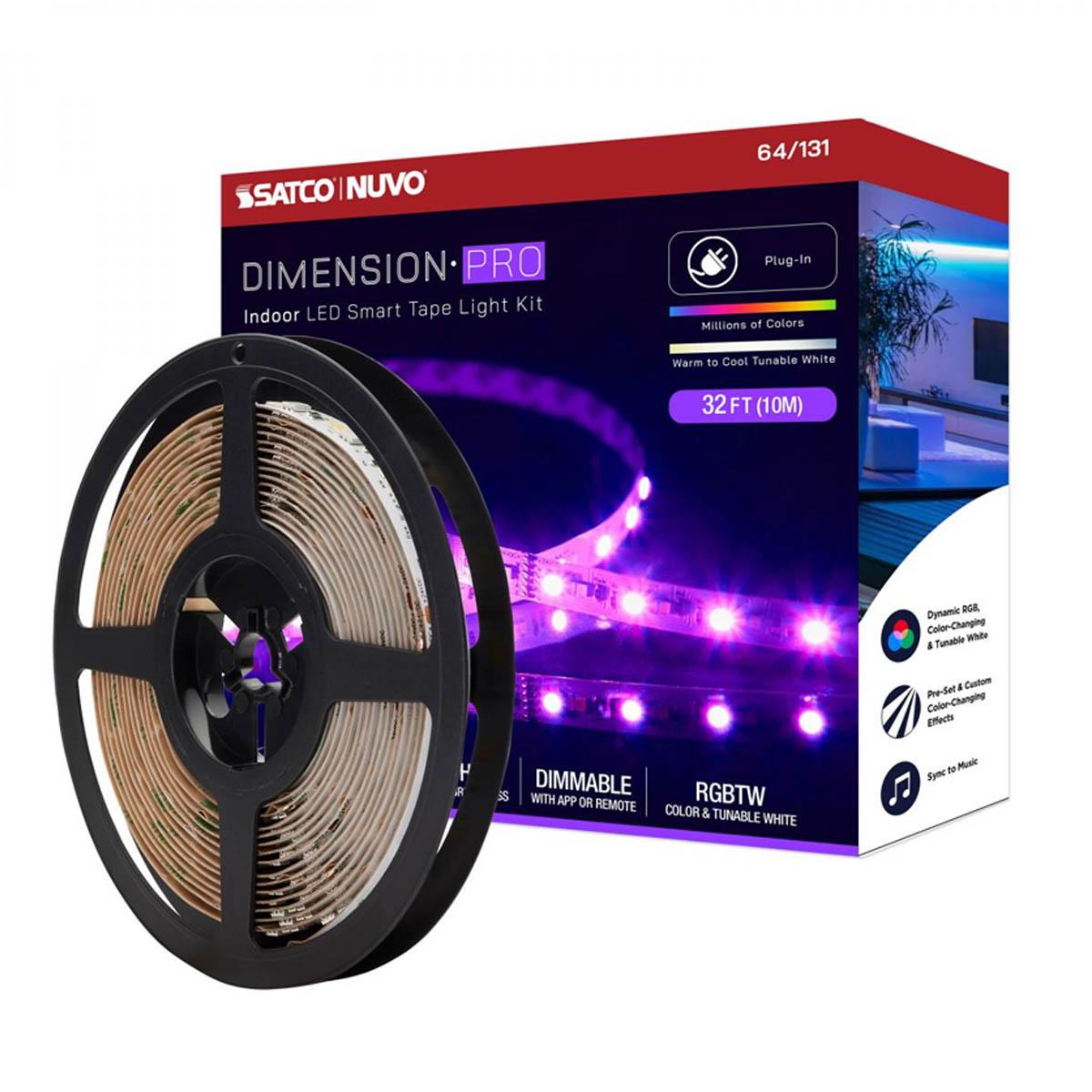 Dimension Pro LED Smart Tape Light Kit with Remote, 32ft Reel, Color Changing RGB and Tunable White, 24V, Plug Connection