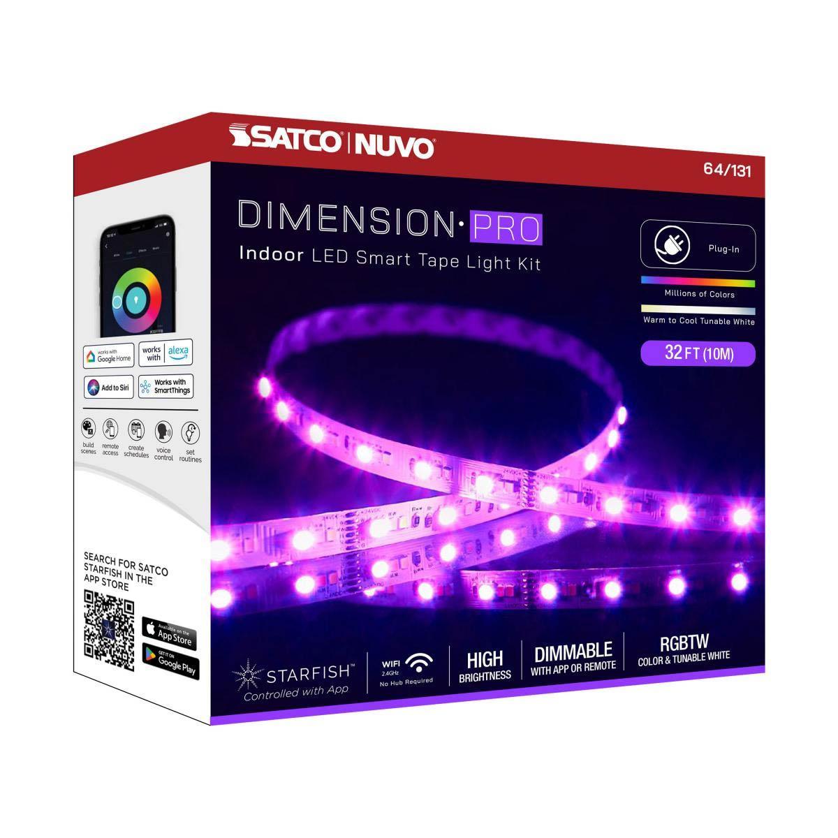 Dimension Pro LED Smart Tape Light Kit with Remote, 32ft Reel, Color Changing RGB and Tunable White, 24V, Plug Connection