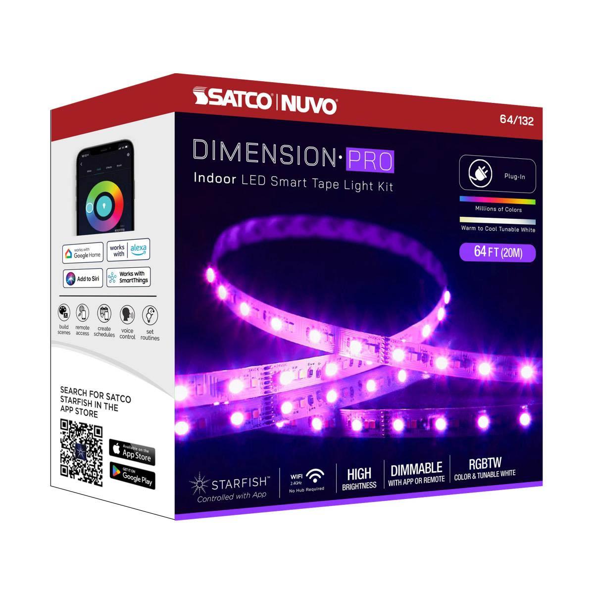 Dimension Pro LED Smart Tape Light Kit with Remote, 65ft Reel, Color Changing RGB and Tunable White, 24V, Plug Connection