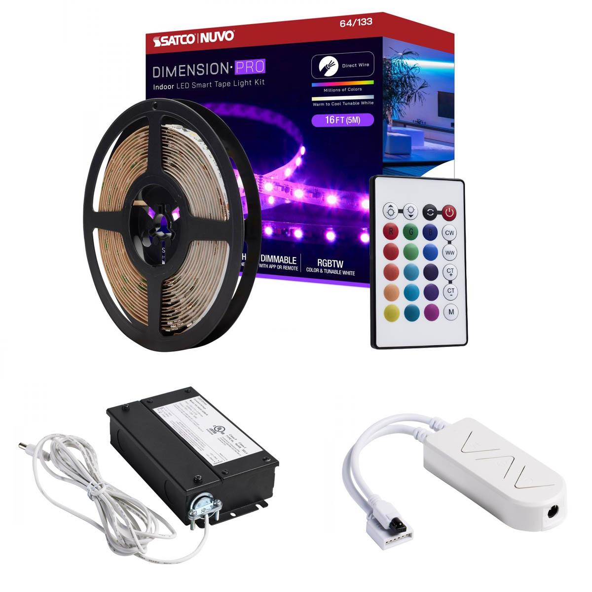 Dimension Pro LED Smart Tape Light Kit with Remote, 16ft Reel, Color Changing RGB and Tunable White, 24V, J-Box Connection
