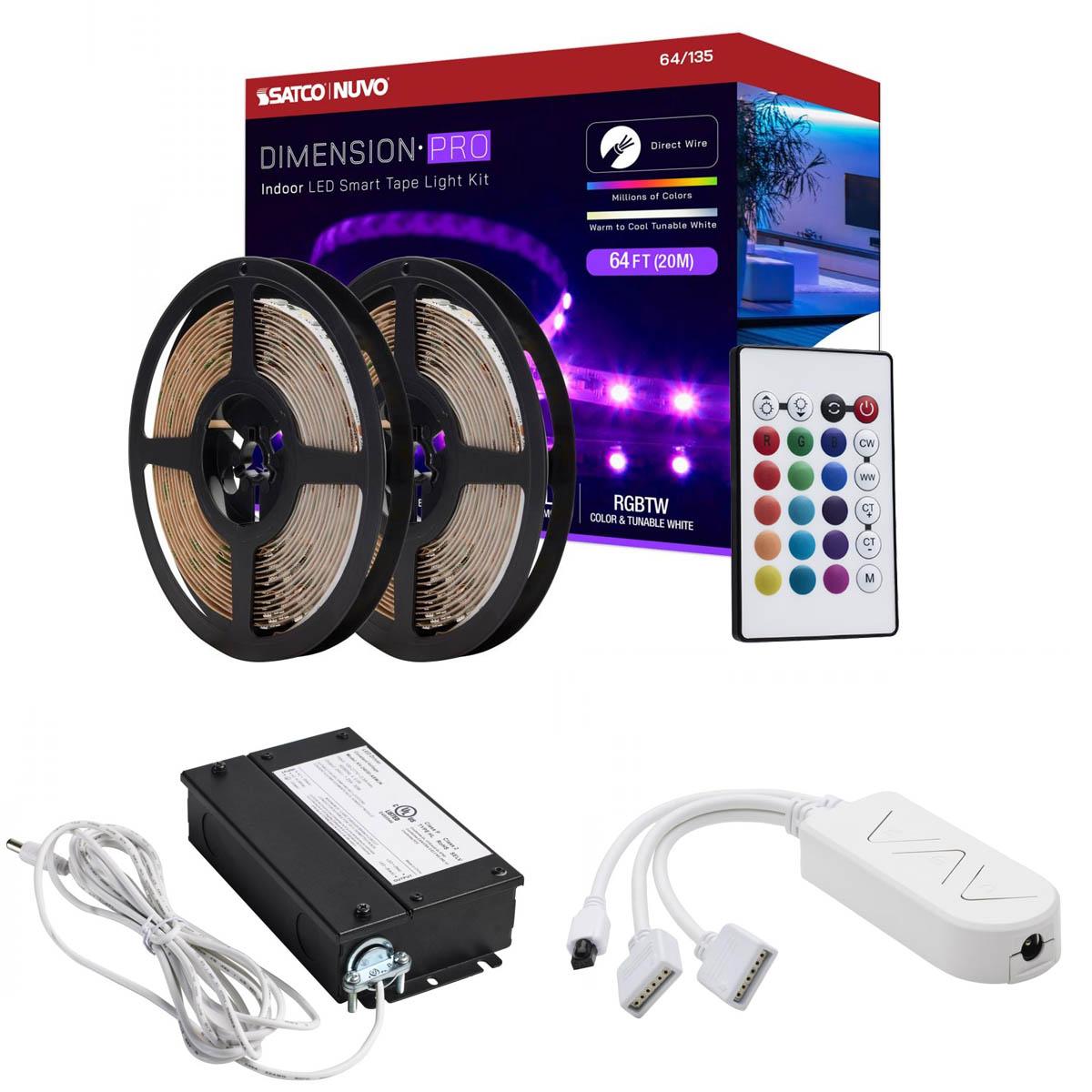 Dimension Pro LED Smart Tape Light Kit with Remote, 65ft Reel, Color Changing RGB and Tunable White, 24V, J-Box Connection