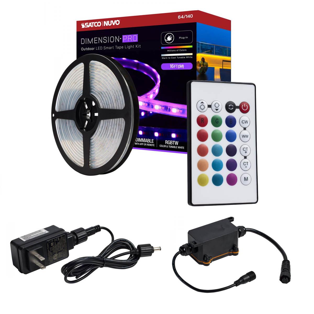 Dimension Pro Outdoor Smart LED Tape Light Kit with Remote, 16ft Reel, Color Changing RGB and Tunable White, 24V, Plug Connection - Bees Lighting