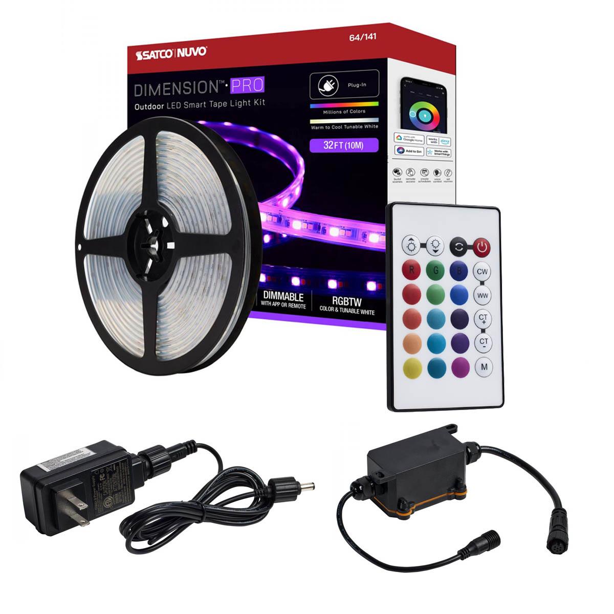 Dimension Pro Outdoor Smart LED Tape Light Kit with Remote, 32ft Reel, Color Changing RGB and Tunable White, 24V, Plug Connection