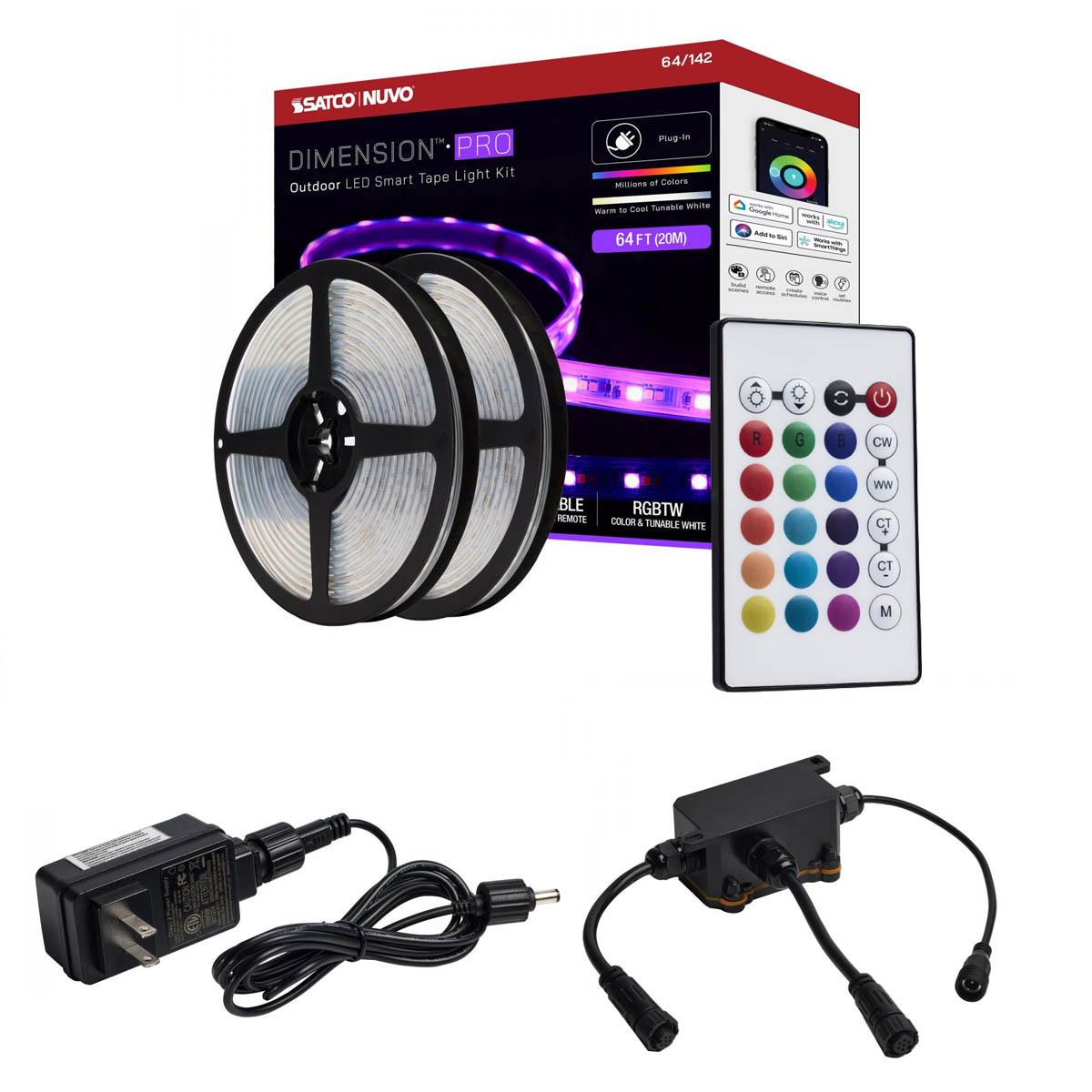Dimension Pro Outdoor Smart LED Tape Light Kit with Remote, 65ft Reel, Color Changing RGB and Tunable White, 24V, Plug Connection