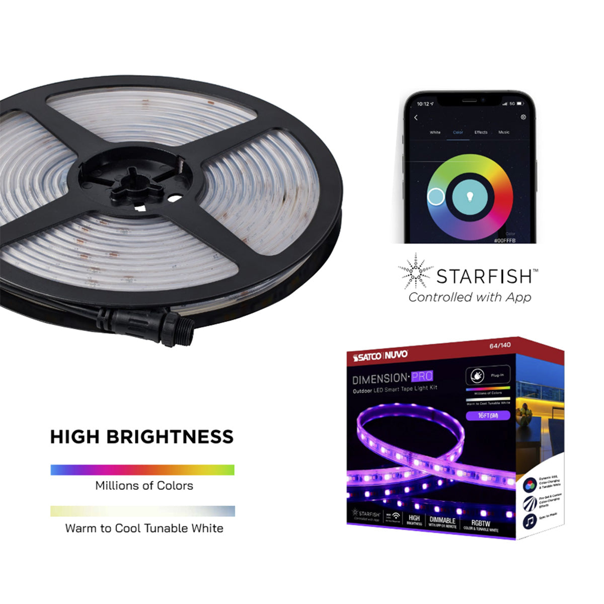 Dimension Pro Outdoor Smart LED Tape Light Kit, 16Ft Reel, RGBTW, 24V, Plug Connection - Bees Lighting