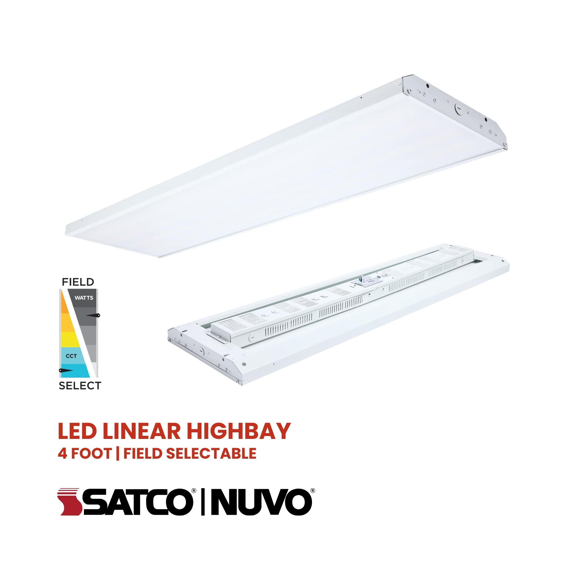 Satco|Nuvo 65-1040 4-Foot Selectable LED Linear High Bay, 30000/22500/15000 Lumens, 200W/150W/100W, 35K/4K/5K, 120-277V, Suspended White