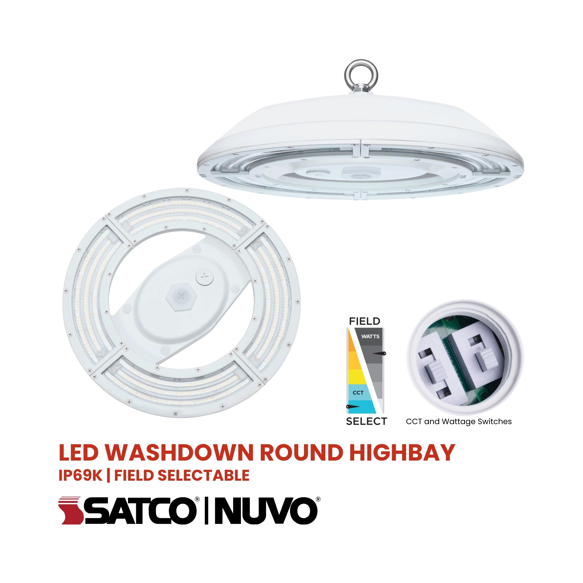 Satco|Nuvo Washdown Round High Bay 30000lm 200W/150W/100W Selectable CCT 277-480V White