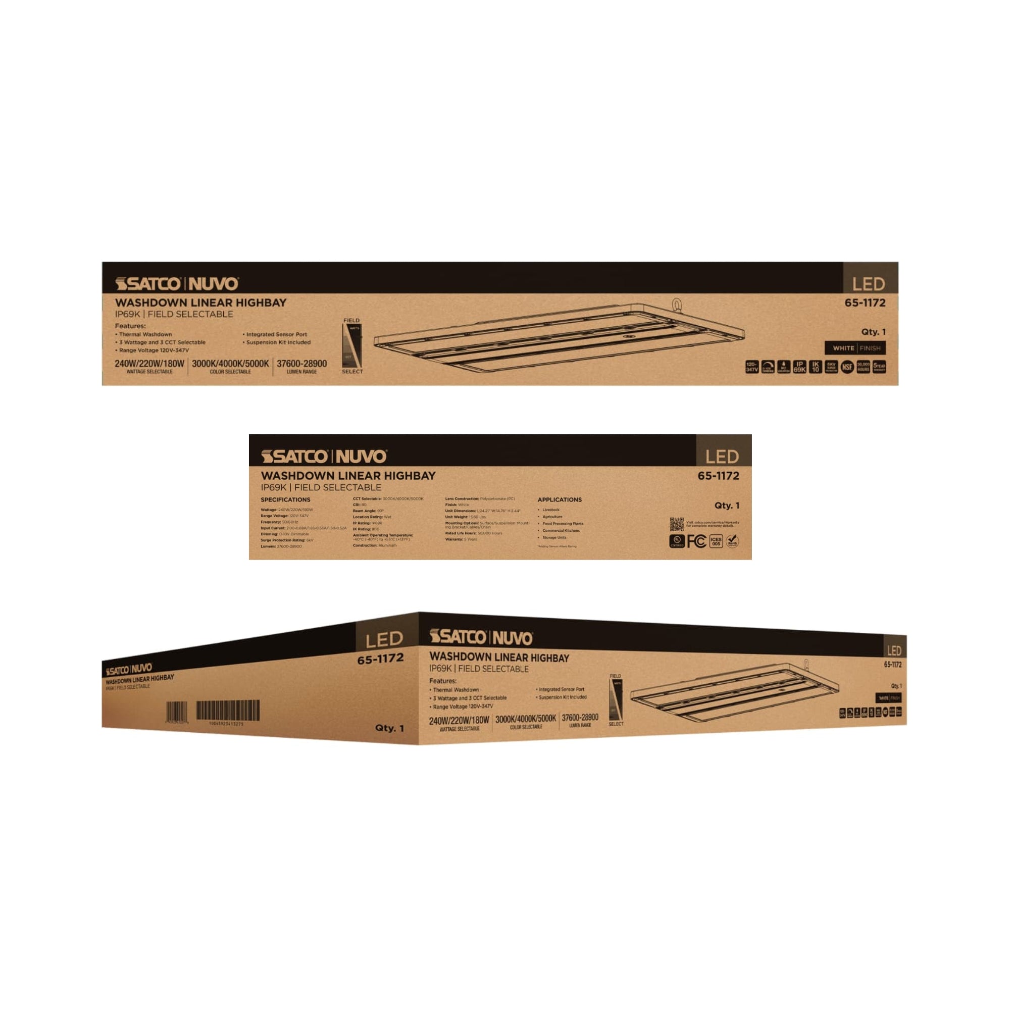 Satco|Nuvo 2 ft Washdown Linear High Bay 37600lm 240W/220W/180W Selectable CCT 120-347V Suspended White