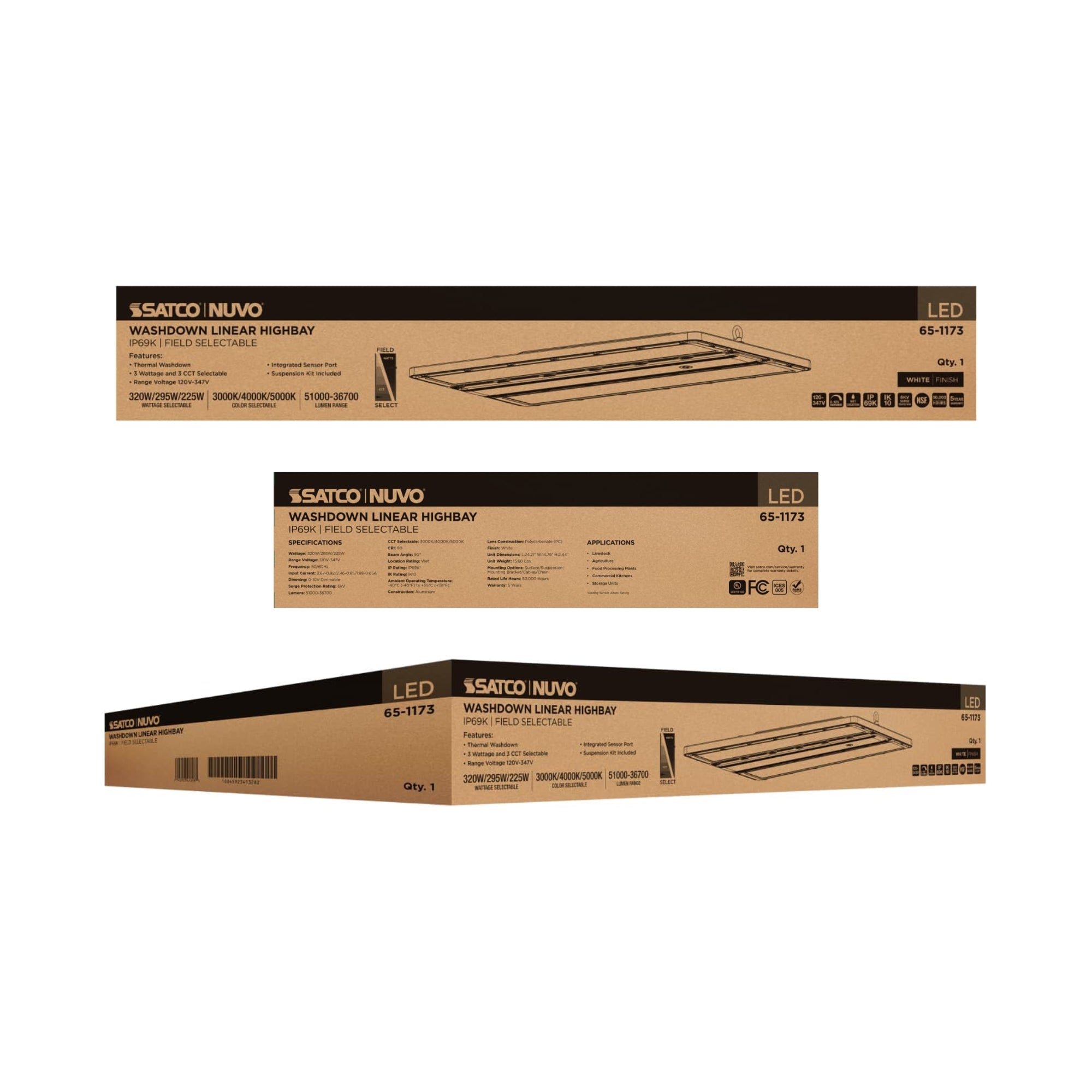 Satco|Nuvo 2 ft Washdown Linear High Bay 51000lm 320W/295W/255W Selectable CCT 120-347V Suspended White