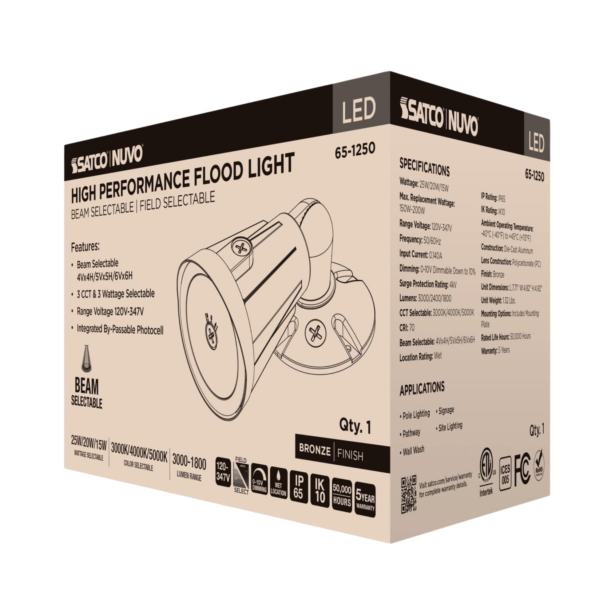 Satco|Nuvo 65-1250 High Performance LED Flood Light, 3000 Lumens, Selectable 25W/20W/15W, Selectable CCT, 120-347V, Knuckle Mount, Selectable Beam, Bronze