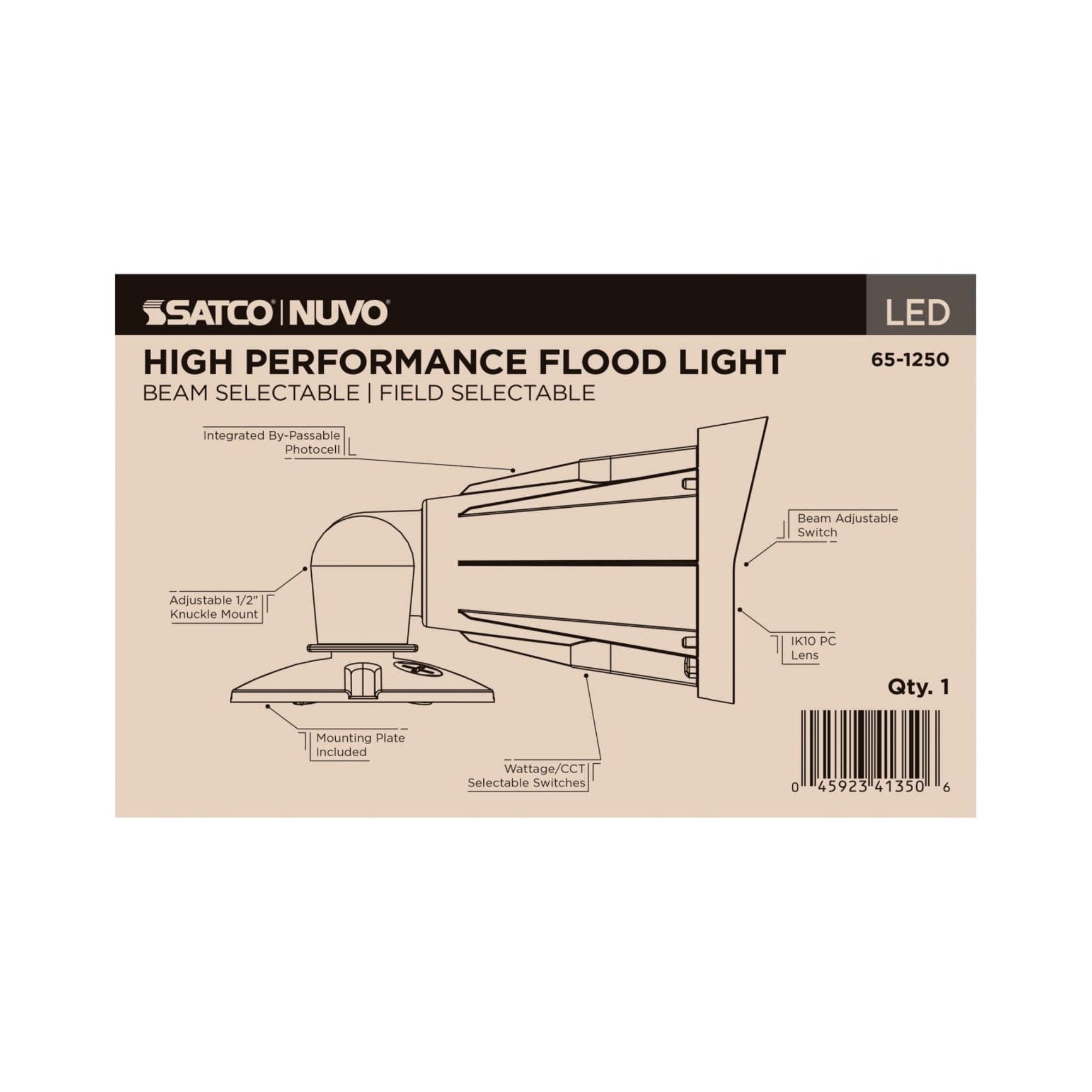 Satco|Nuvo 65-1250 High Performance LED Flood Light, 3000 Lumens, Selectable 25W/20W/15W, Selectable CCT, 120-347V, Knuckle Mount, Selectable Beam, Bronze