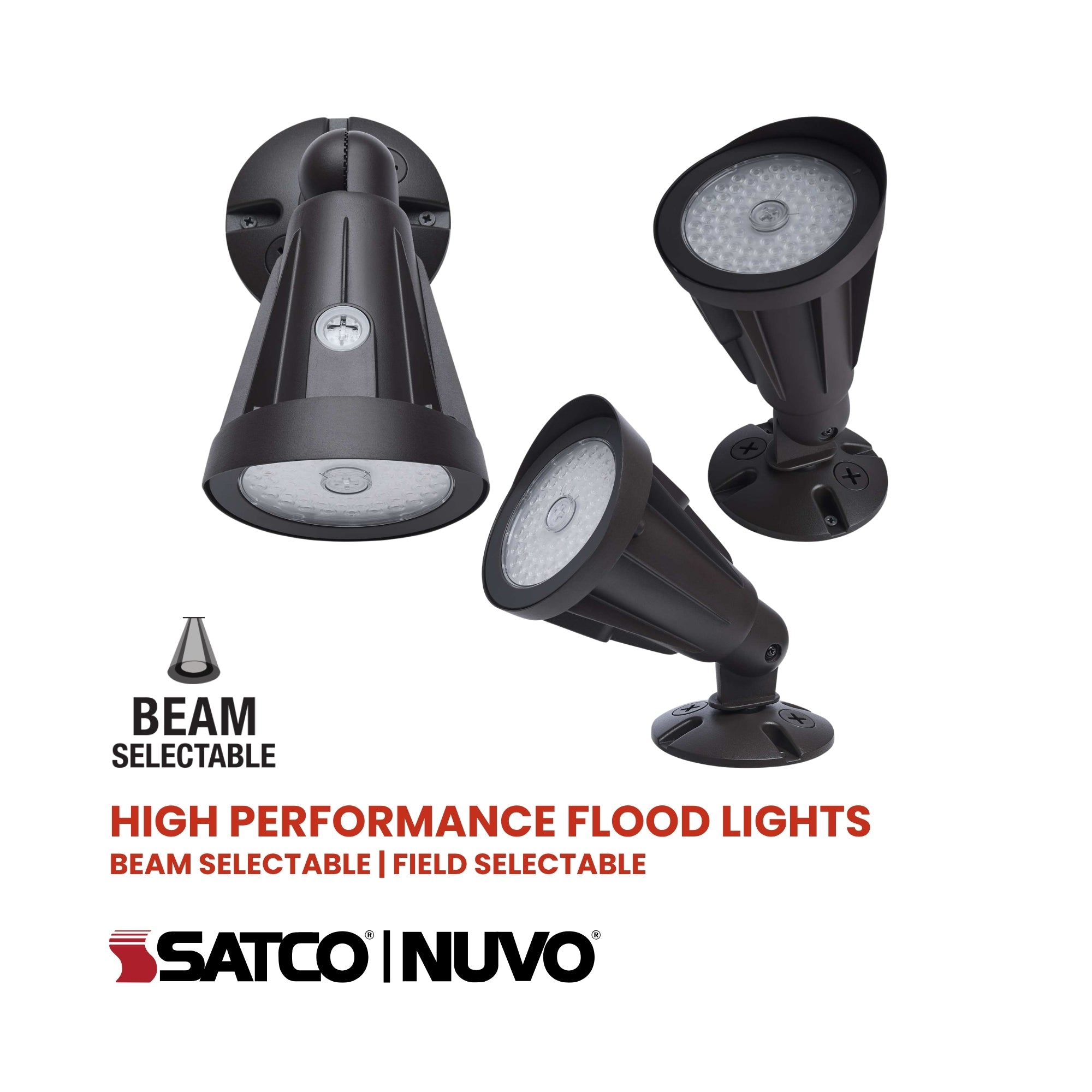 Satco|Nuvo 65-1251 High Performance LED Flood Light, 3000 Lumens, Selectable 25W/20W/15W, Selectable CCT, 120-347V, Knuckle Mount, Selectable Beam, Black
