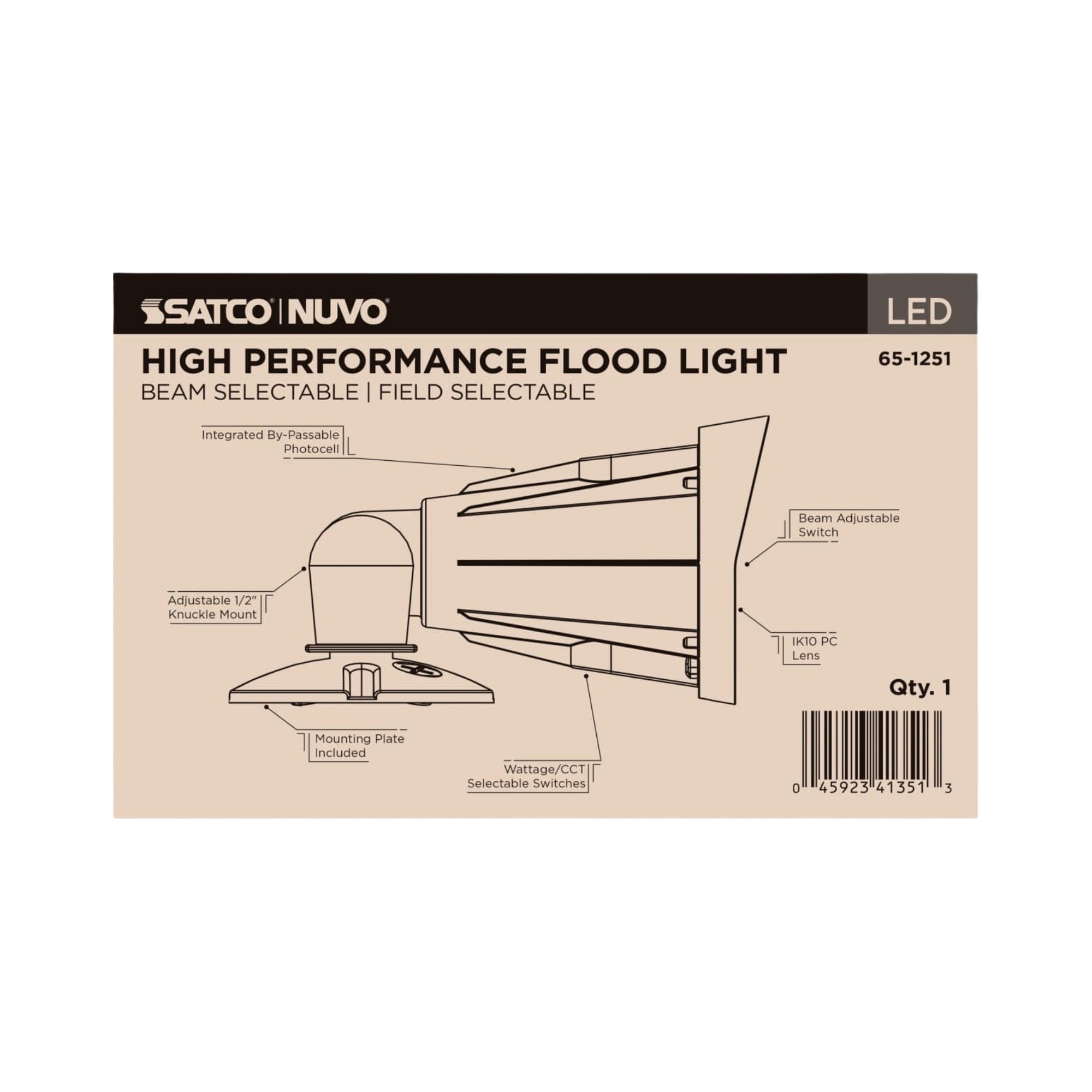 Satco|Nuvo 65-1251 High Performance LED Flood Light, 3000 Lumens, Selectable 25W/20W/15W, Selectable CCT, 120-347V, Knuckle Mount, Selectable Beam, Black