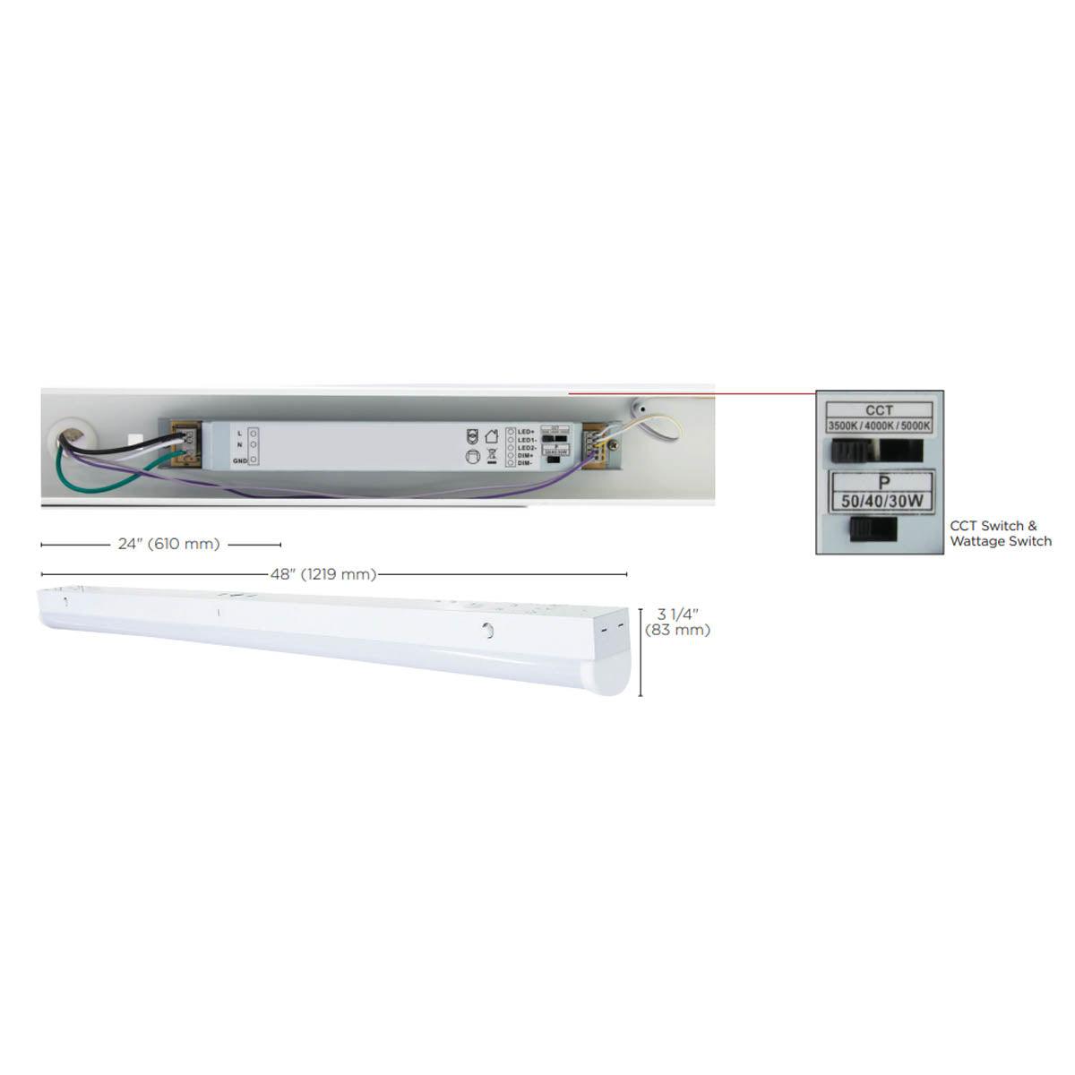 3900-6,750 Lumens 4ft LED Strip Light Fixture 30-50 Watts 35K/40K/50K 120-277V Battery Backup Motion Sensor