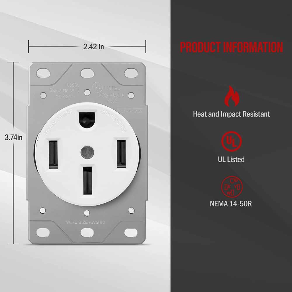 50 Amp Range Receptacle Outlet for RV and Electric Vehicles, NEMA 14-50R, White - Bees Lighting