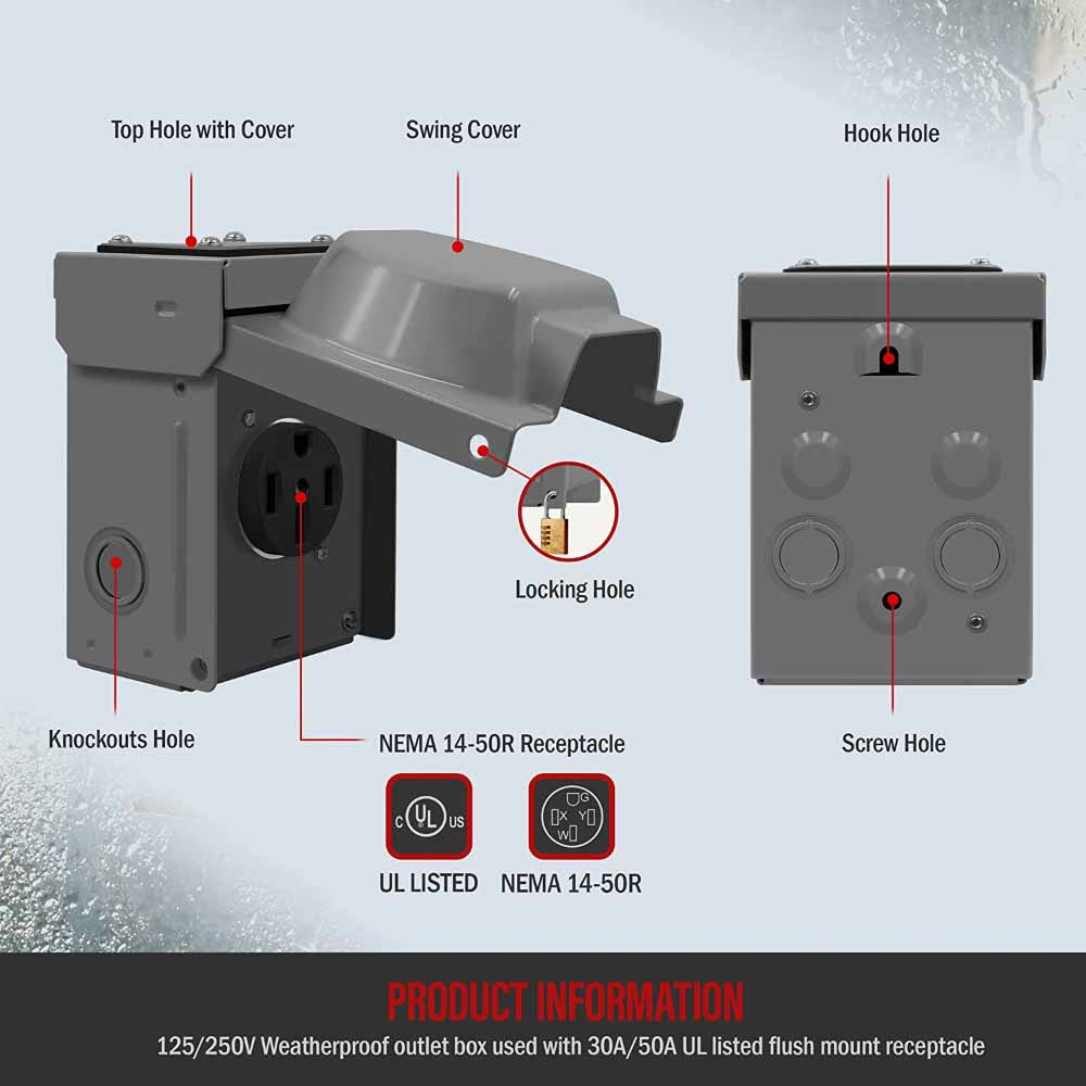 50 Amp Outdoor NEMA 14-50R Receptacle Box for RV/EV Chargers - Bees Lighting