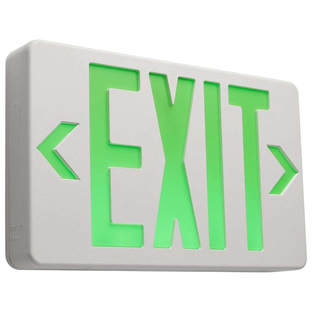 LED Exit Sign, Dual face with Green Letters, White Finish, Battery Backup Included
