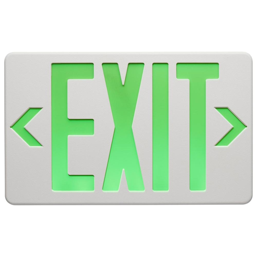 LED Exit Sign, Dual face with Green Letters, White Finish, Battery Backup Included