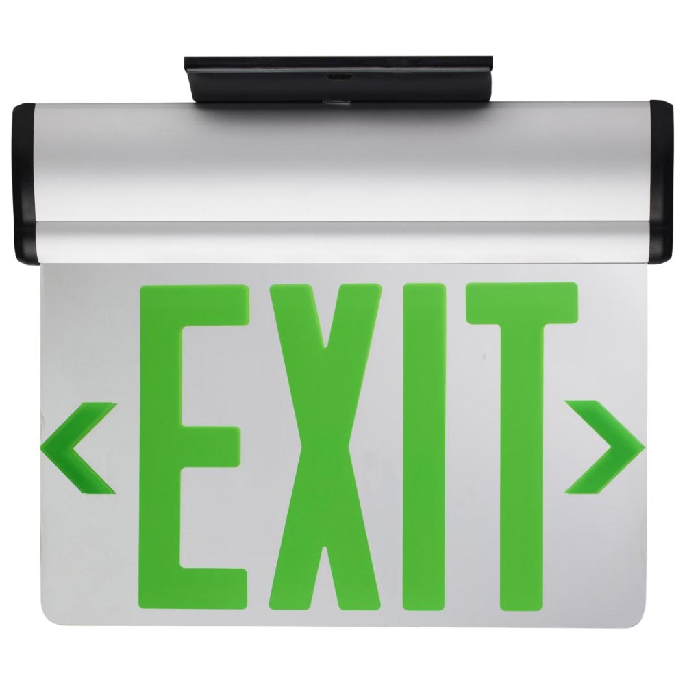LED Exit Sign, Dual face with Green Letters, Silver Finish, Battery Backup Included, Top/Back/End Mount