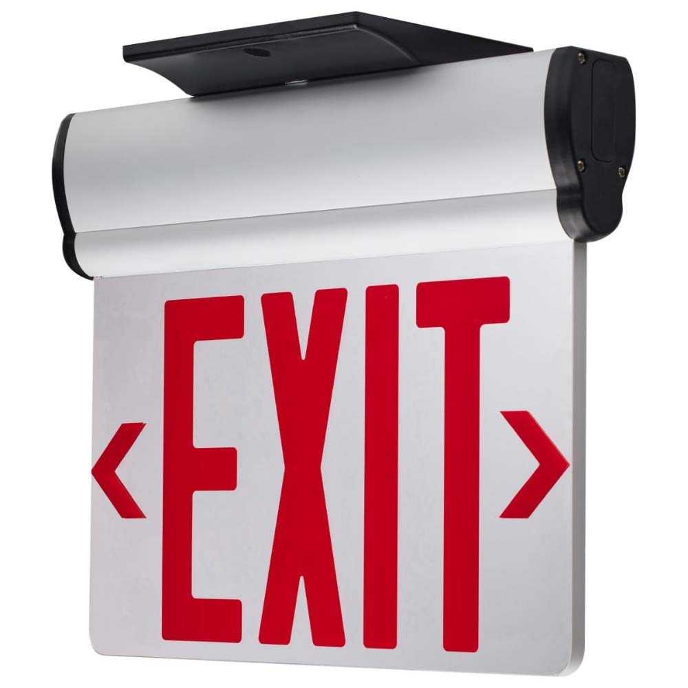 LED Exit Sign, Dual face with Red Letters, Silver Finish, Battery Backup Included, Top/Back/End Mount