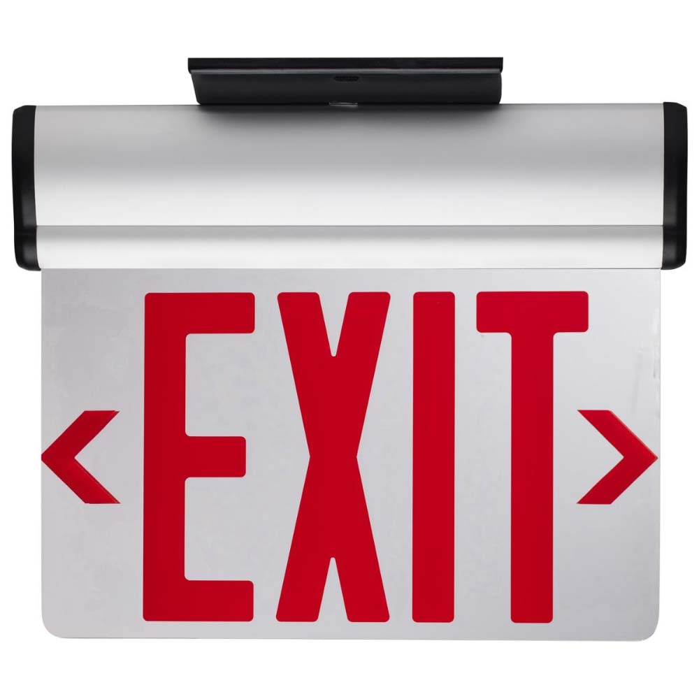 LED Exit Sign, Dual face with Red Letters, Silver Finish, Battery Backup Included, Top/Back/End Mount