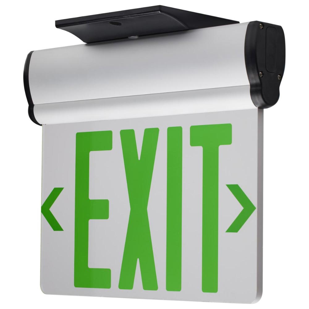 LED Exit Sign, Single face with Green Letters, Silver Finish, Battery Backup Included, Top/Back/End Mount