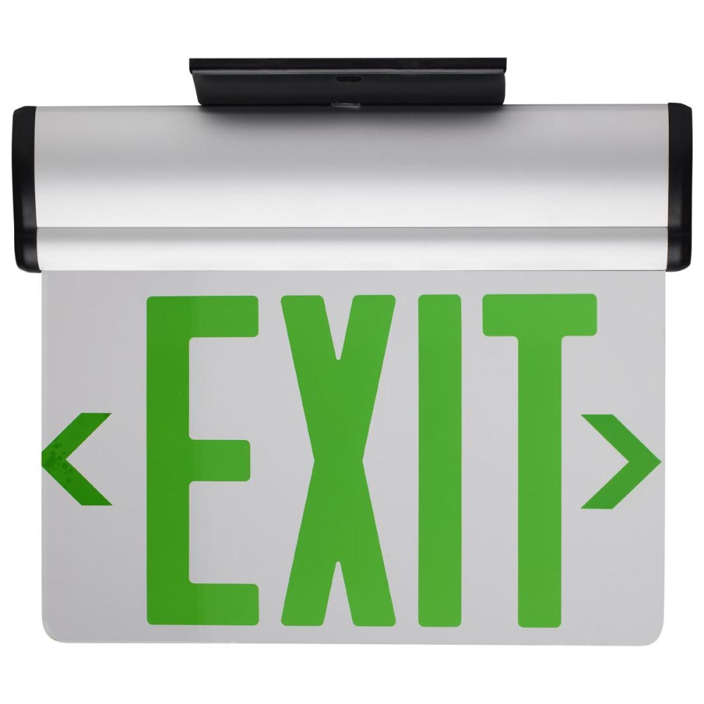 LED Exit Sign, Single face with Green Letters, Silver Finish, Battery Backup Included, Top/Back/End Mount