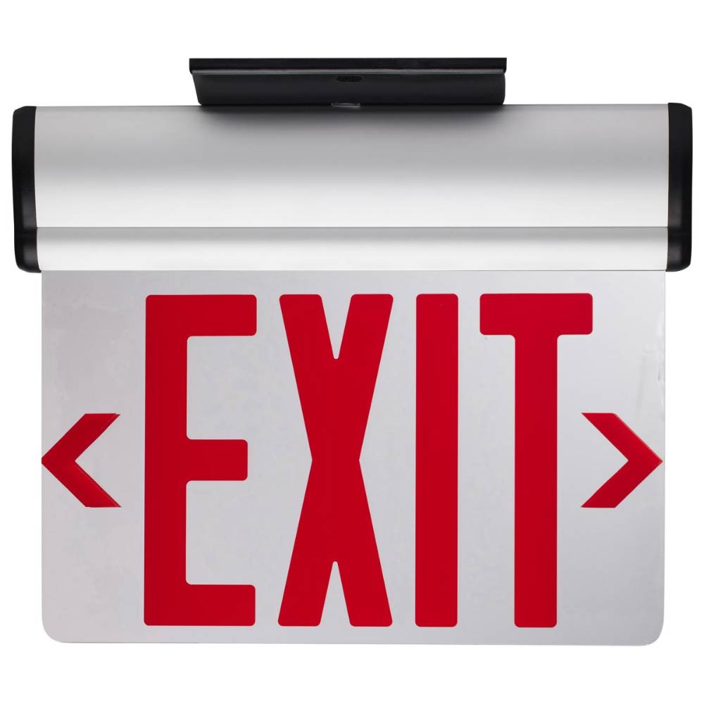 LED Exit Sign, Single face with Red Letters, Silver Finish, Battery Backup Included, Top/Back/End Mount