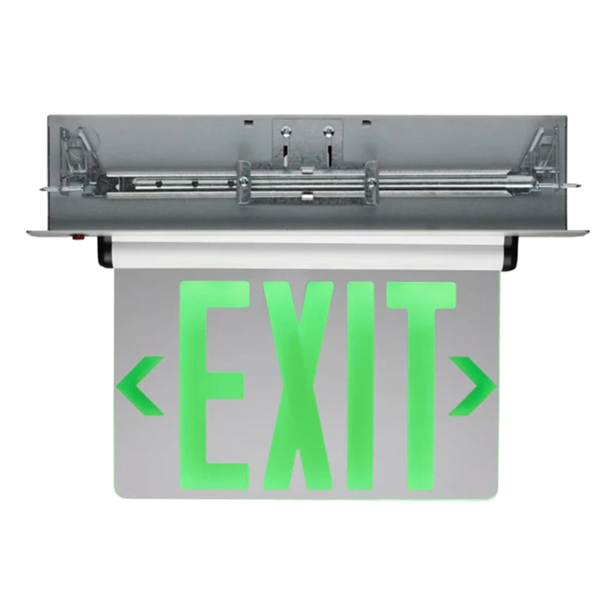 Edge-Lit LED Exit Sign, Dual Face with Green Letters, Mirror Finish, Battery Included, Recessed Mount - Bees Lighting