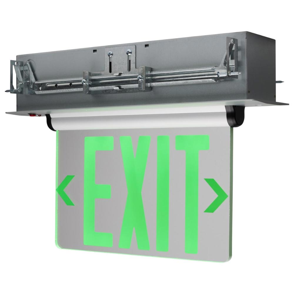 LED Exit Sign, Single face with Green Letters, Clear Panel Finish, Battery Backup Included