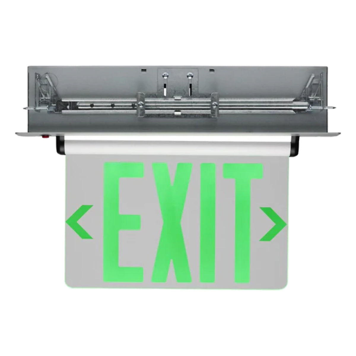 Edge-Lit LED Exit Sign, Single Face with Green Letters, Clear Finish, Battery Included, Recessed Mount - Bees Lighting