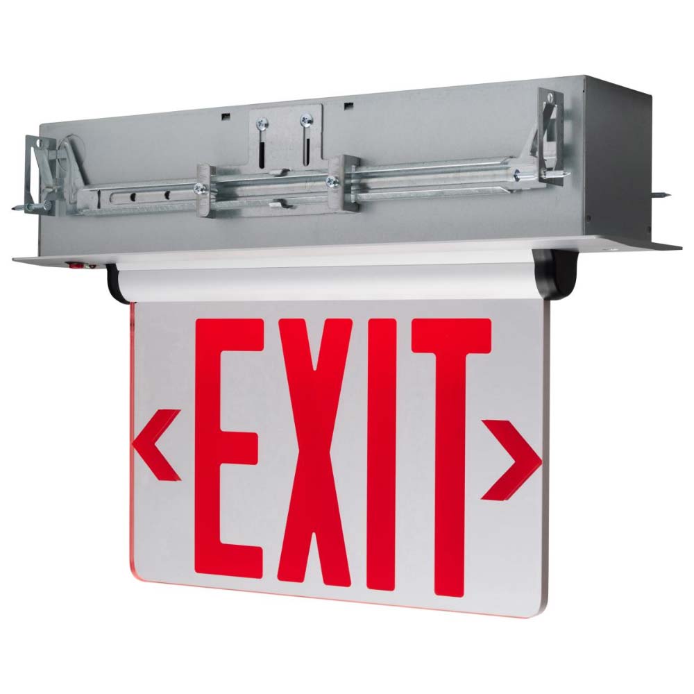 LED Exit Sign, Dual face with Red Letters, Silver Finish, Battery Backup Included