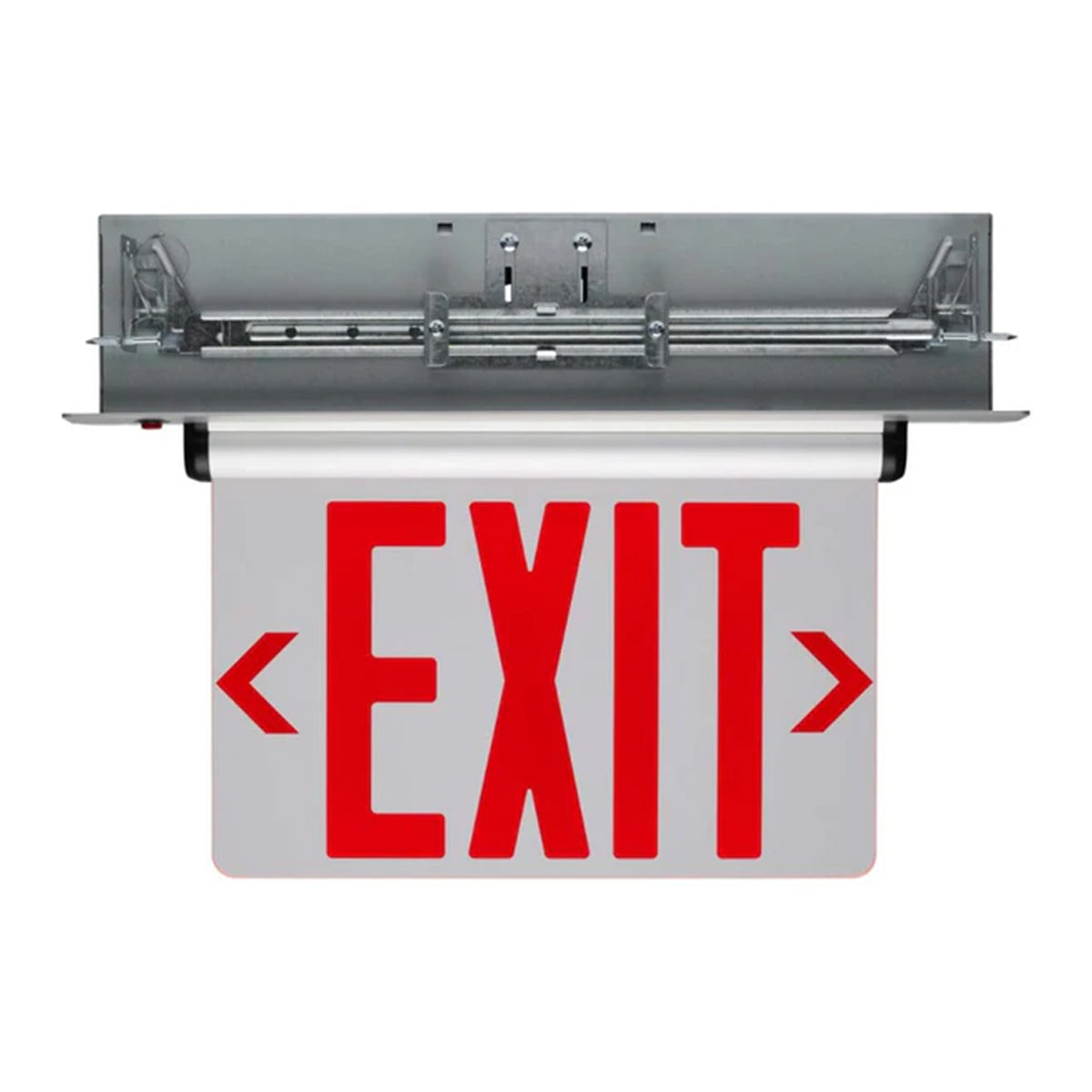 Edge-Lit LED Exit Sign, Dual Face with Red Letters, Mirror Finish, Battery Included, Recessed Mount - Bees Lighting