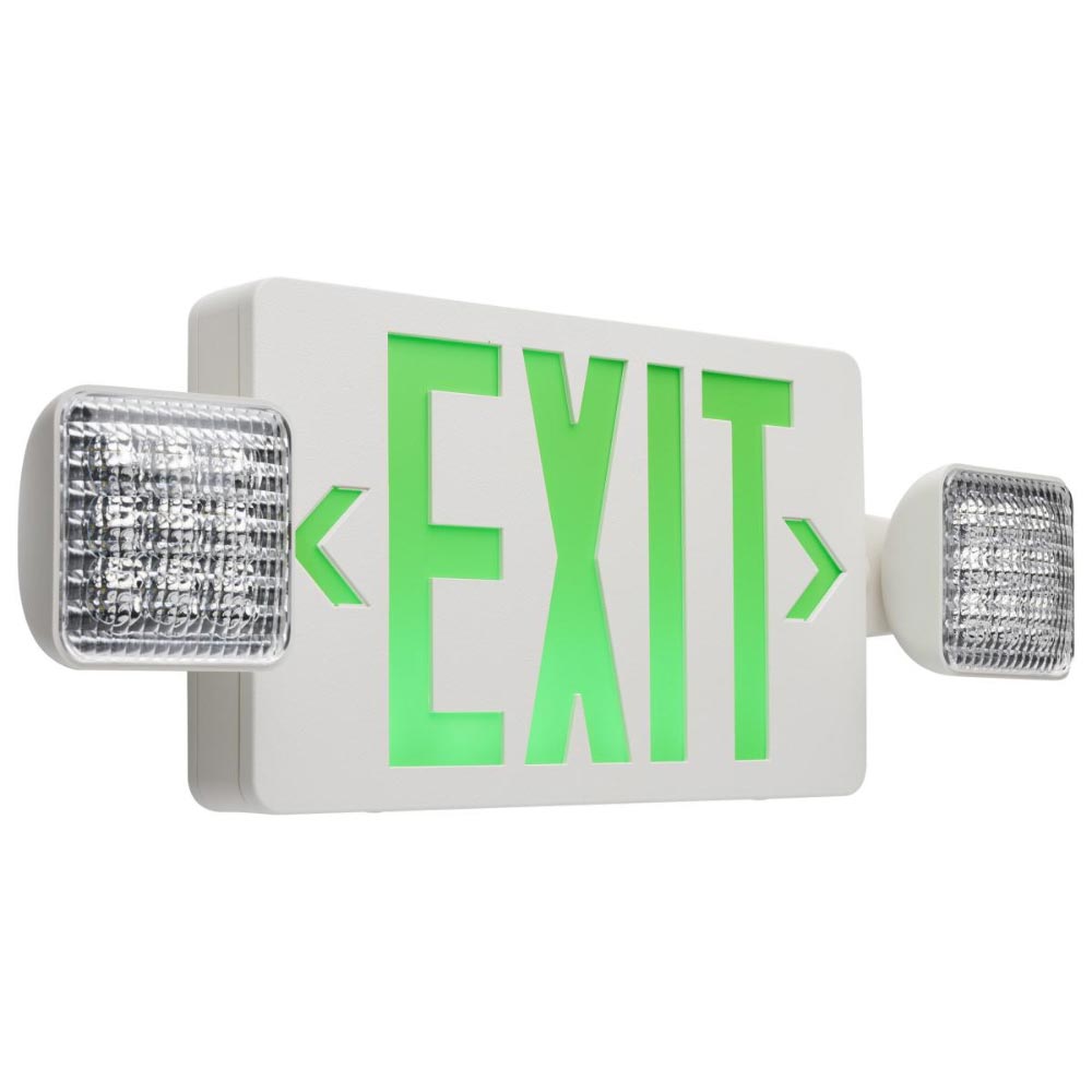 LED Combo Exit Sign, Dual face with Green Letters, White Finish, Battery Backup Included, Square Lights