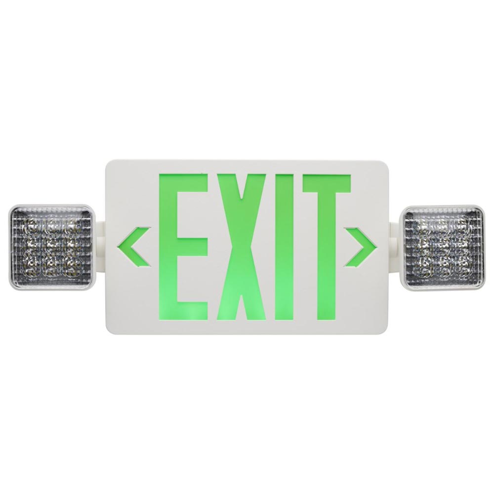 LED Combo Exit Sign, Dual face with Green Letters, White Finish, Battery Backup Included, Square Lights
