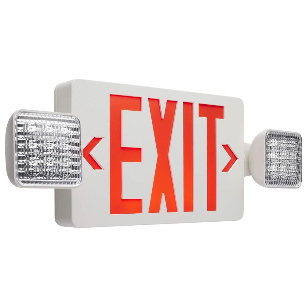 LED Combo Exit Sign, Dual face with Red Letters, White Finish, Battery Backup Included, Square Lights