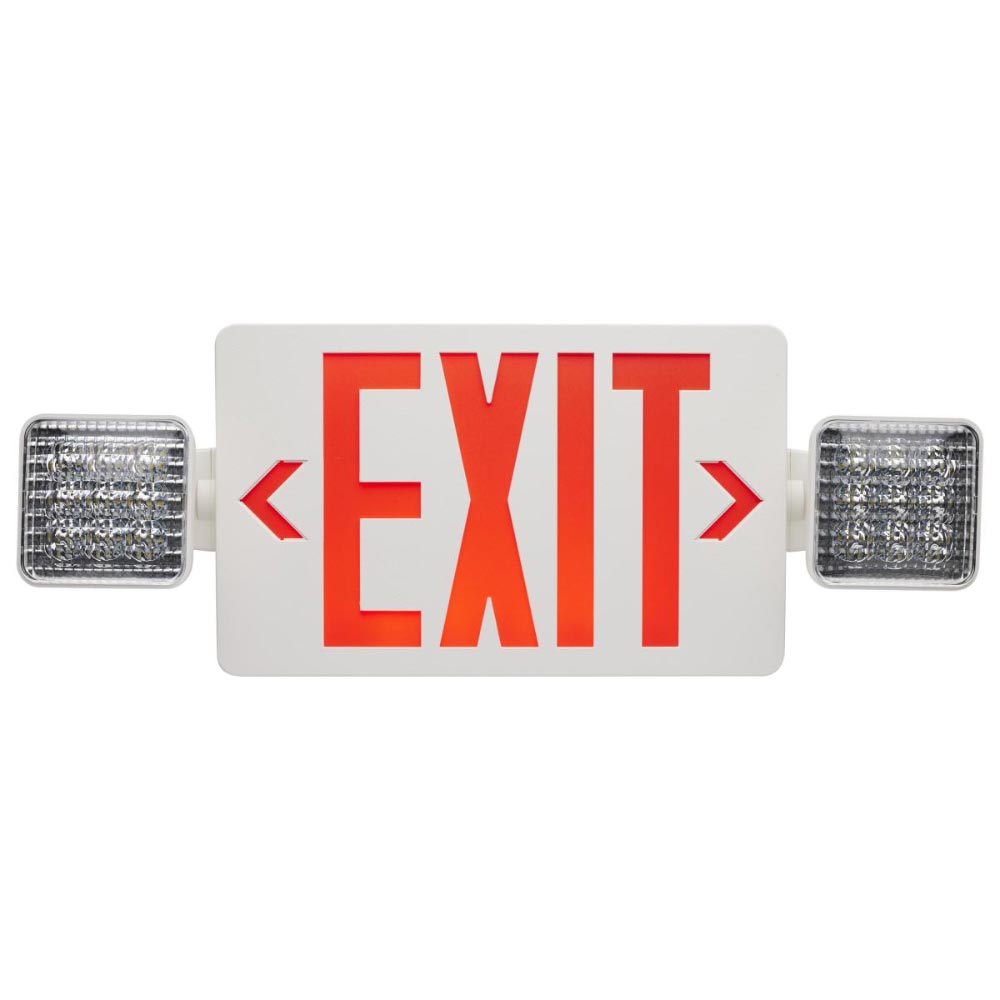 LED Combo Exit Sign, Dual face with Red Letters, White Finish, Battery Backup Included, Square Lights