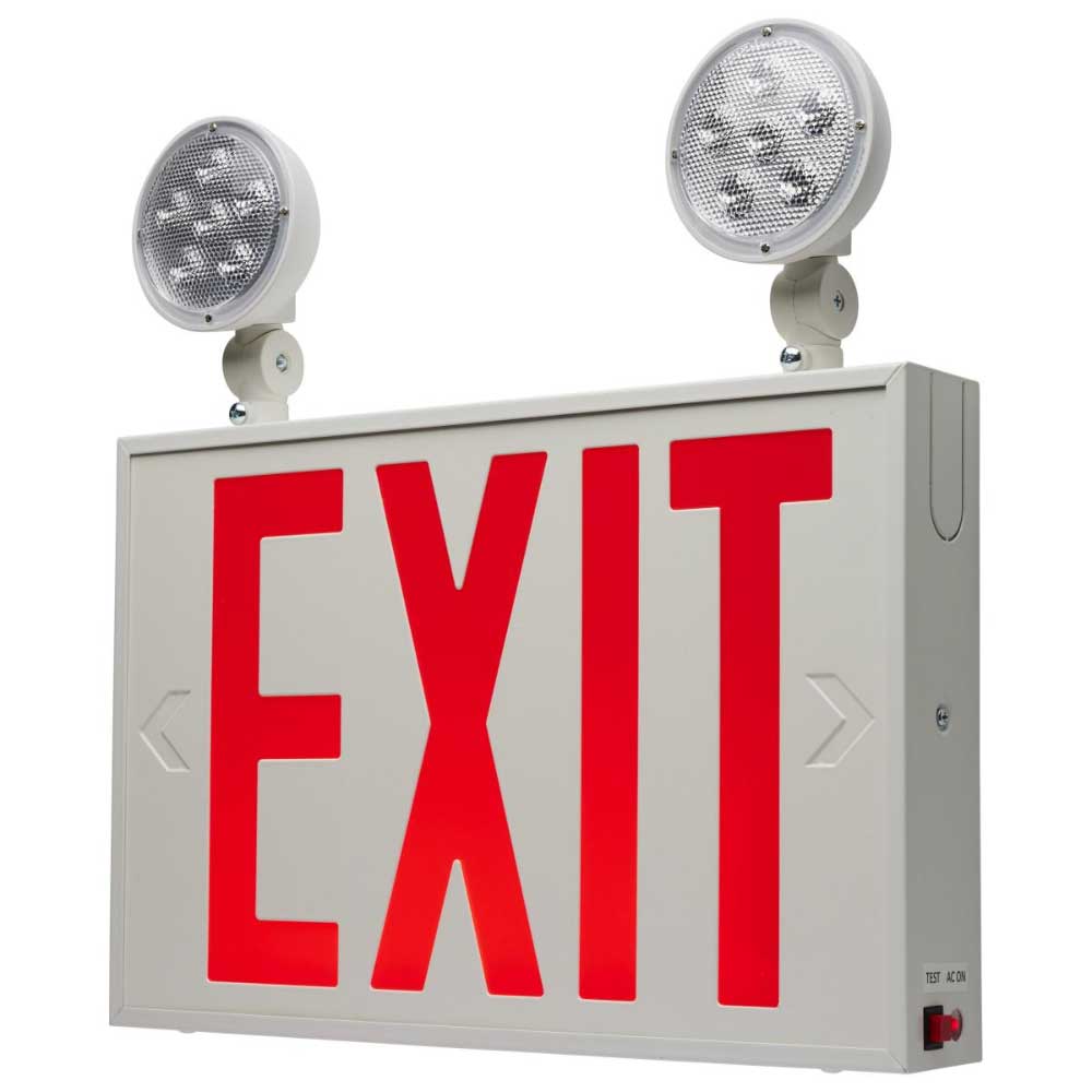 LED Combo Exit Sign, Dual face with Red Letters, White Finish, Battery Backup Included, Round Lights