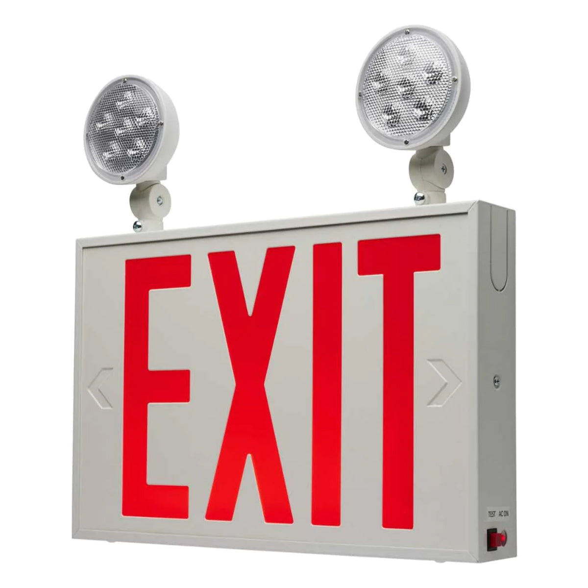 LED Combo Exit Sign, Dual Face with Red Letters, White, Battery Included, Double Head Lights - Bees Lighting