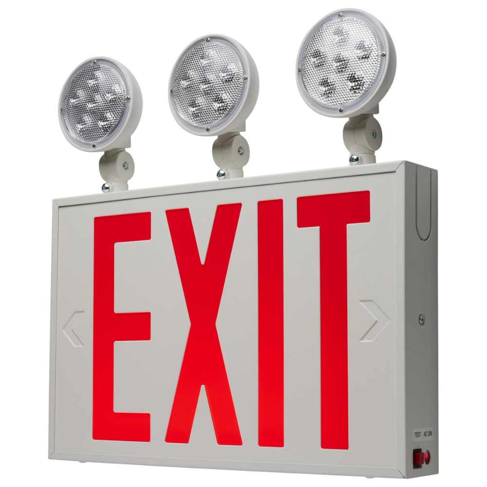 Exit Sign with Lights 120/277V Tri Head Lights Dual Face with Red Letters, White - Bees Lighting