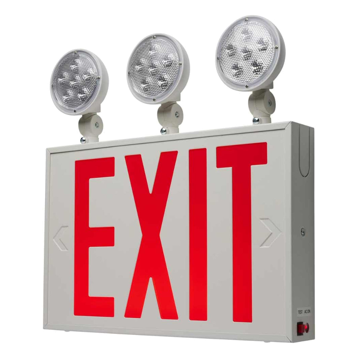 LED Combo Exit Sign, Dual Face with Red Letters, White, Battery Included, Tri Head Lights - Bees Lighting