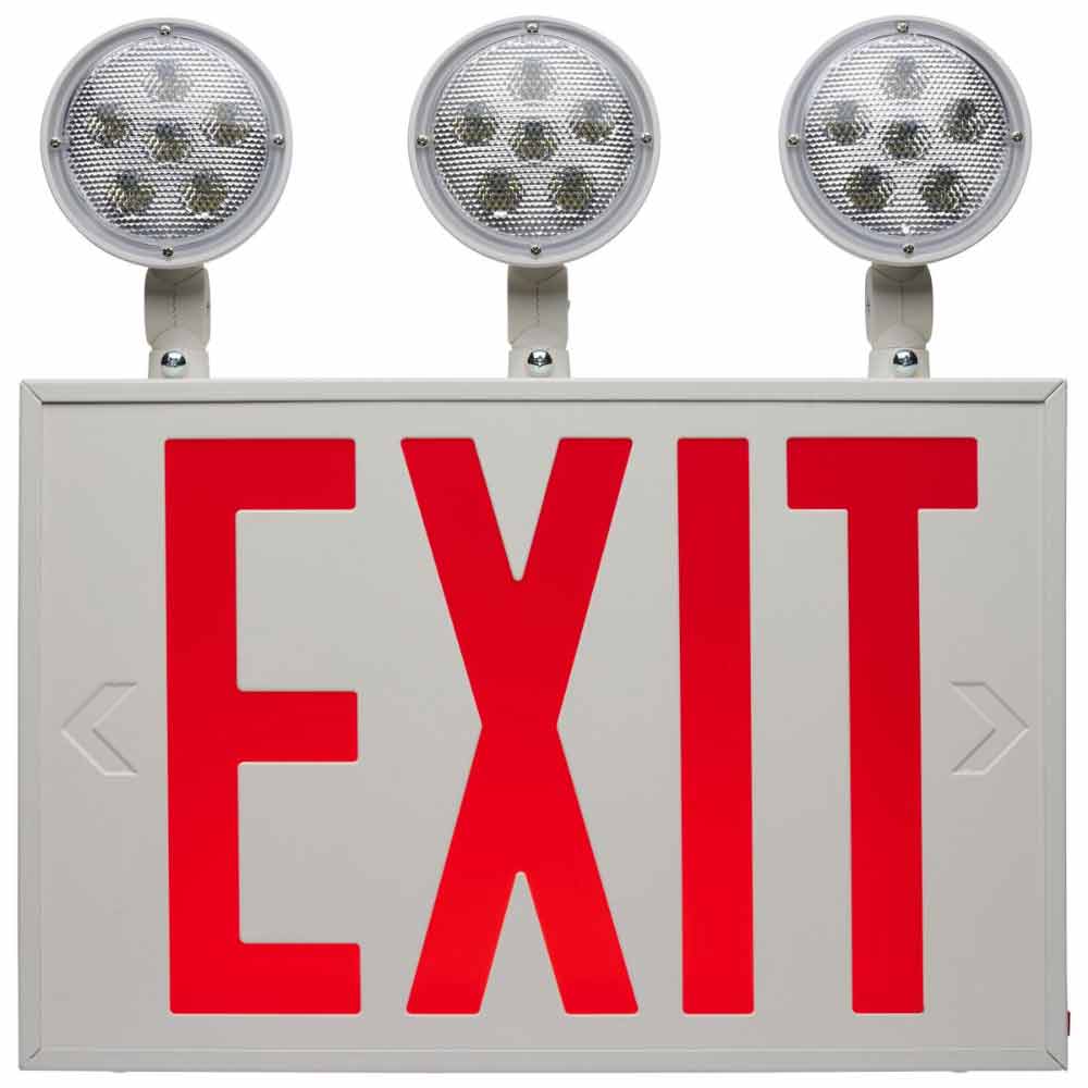 LED Combo Exit Sign, Dual face with Red Letters, White Finish, Battery Backup Included, Tri Head Lights