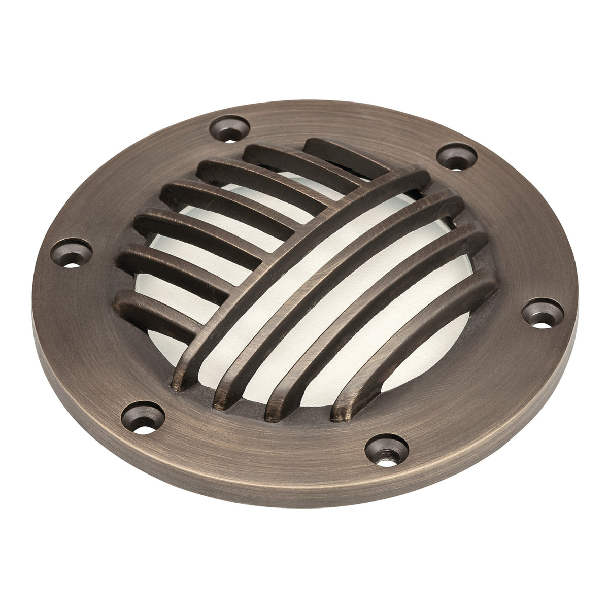 Brass round lighting component with slotted grille and four mounting holes