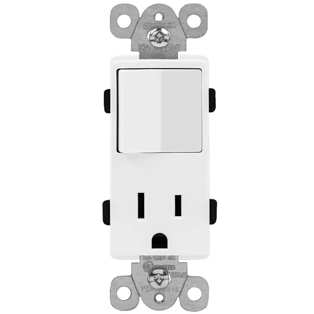 15 Amp Single Pole Rocker Combination Light Switch and Receptacle White - Bees Lighting