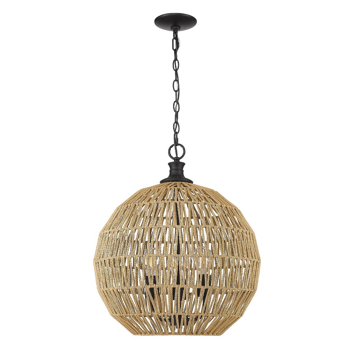 Florence 19 in. 3 Lights Pendant Light Black finish Natural Rope Shade