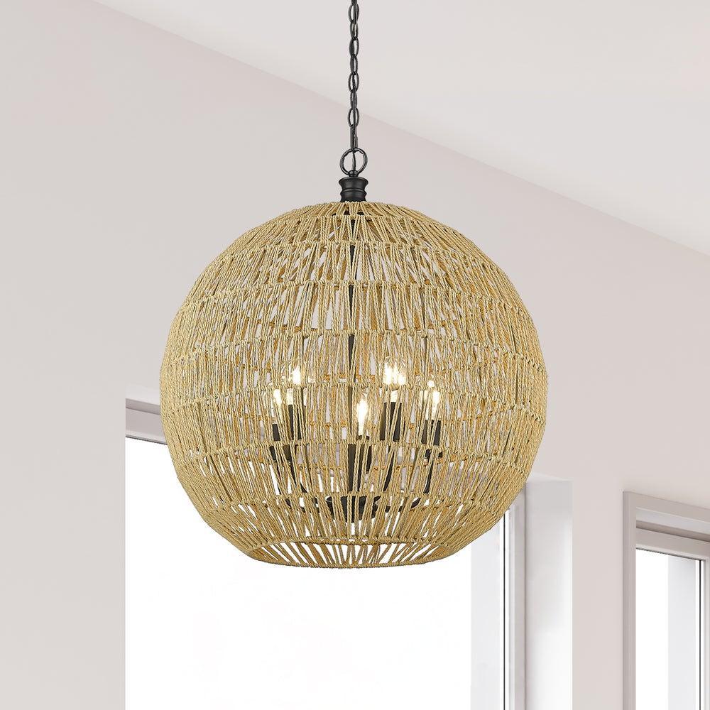 Florence 25 in. 5 Lights Pendant Light Black finish Natural Rope Shade